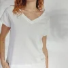 Lopezientos Camiseta mujer con cuello en pico lisa ⋆ Nata Discount