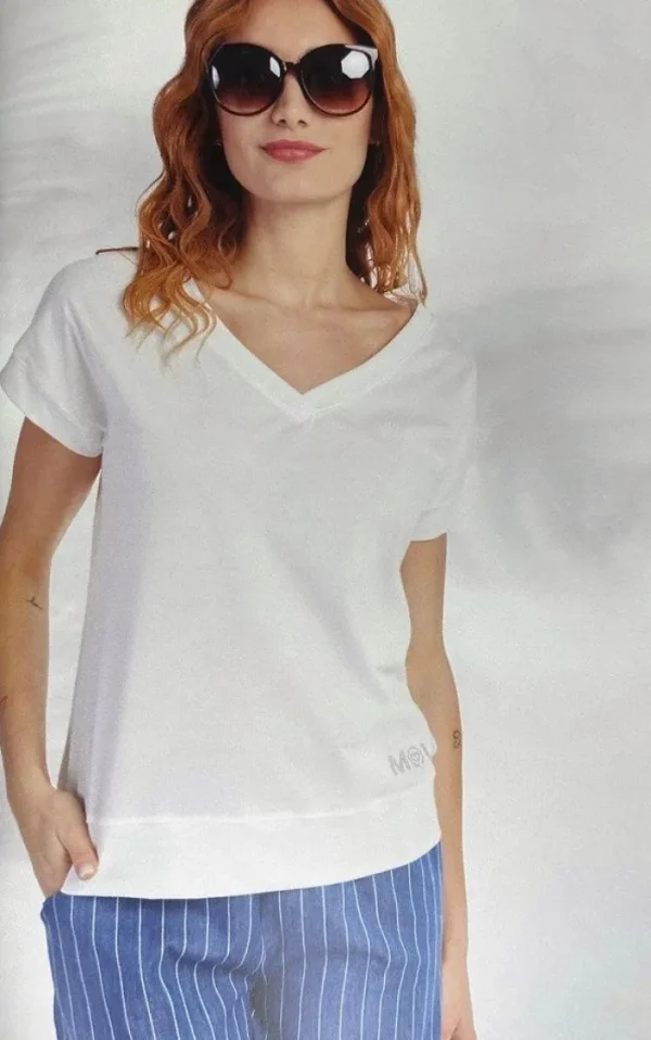 Lopezientos Camiseta mujer con cuello en pico lisa ⋆ Nata Discount