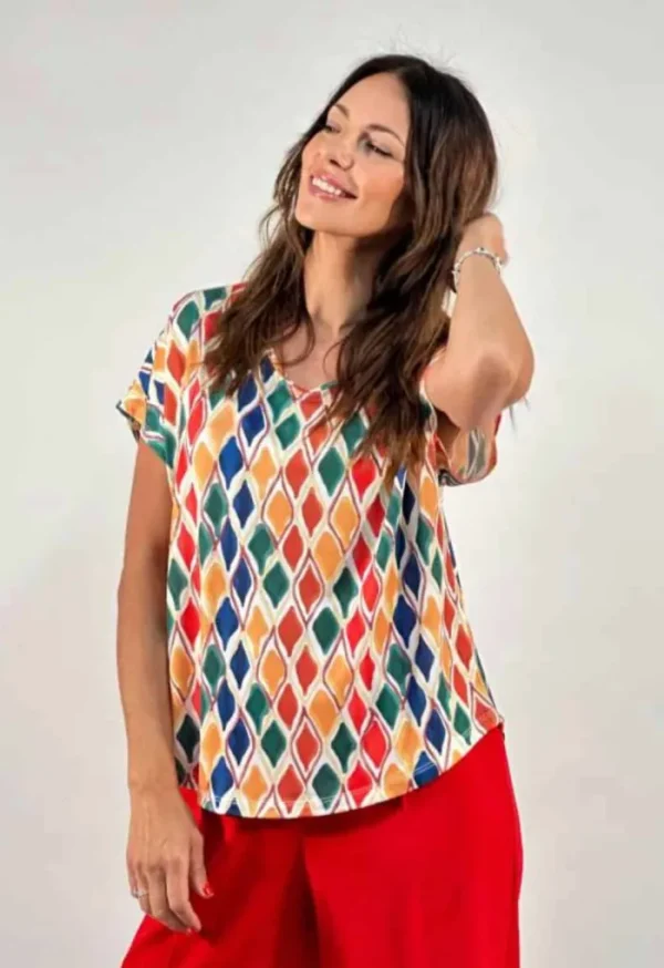 Lopezientos Camiseta mujer con manga corta estampada rombos ⋆ Multicolor Discount