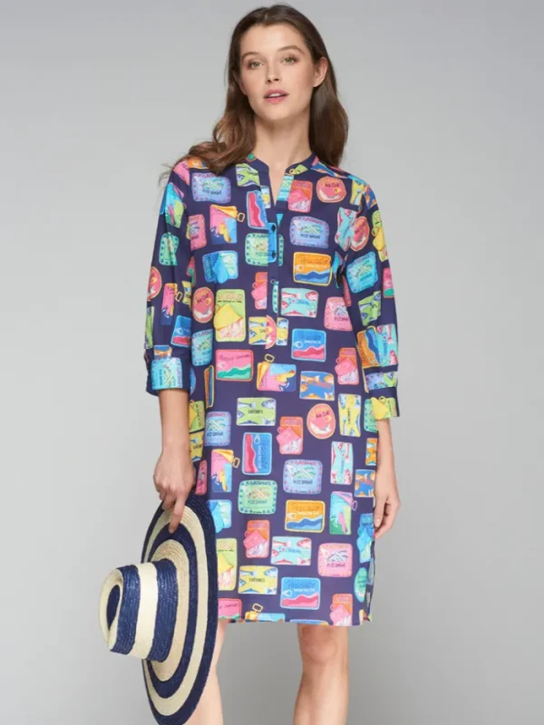 Lopezientos Vestido caftán mujer de algodón estampado Sardinas ⋆ Navy Discount