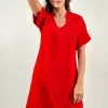 Lopezientos Vestido mujer corto con cuello en pico liso ⋆ Khaki,Rojo Clearance