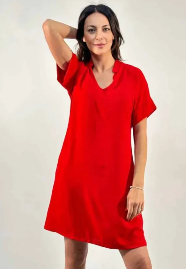 Lopezientos Vestido mujer corto con cuello en pico liso ⋆ Khaki,Rojo Clearance