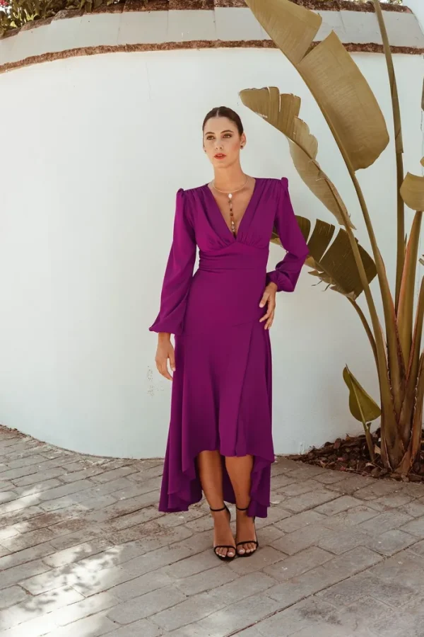 Lopezientos Vestido mujer de fiesta con frunces y falda con capa. ⋆ Berengena Outlet