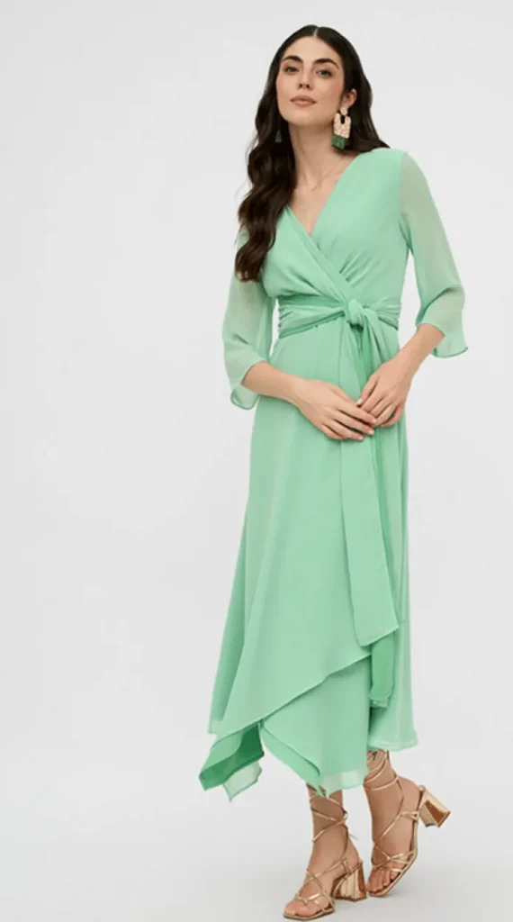 Lopezientos Vestido mujer de fiesta escote cruzado liso ⋆ Verde Outlet