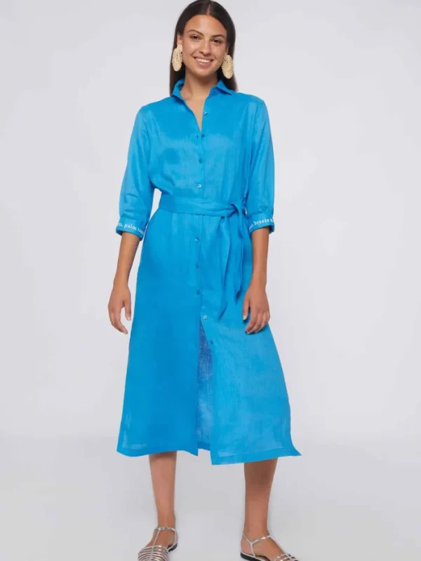 Lopezientos Vestido mujer midi camisero de lino ⋆ Azul Sale