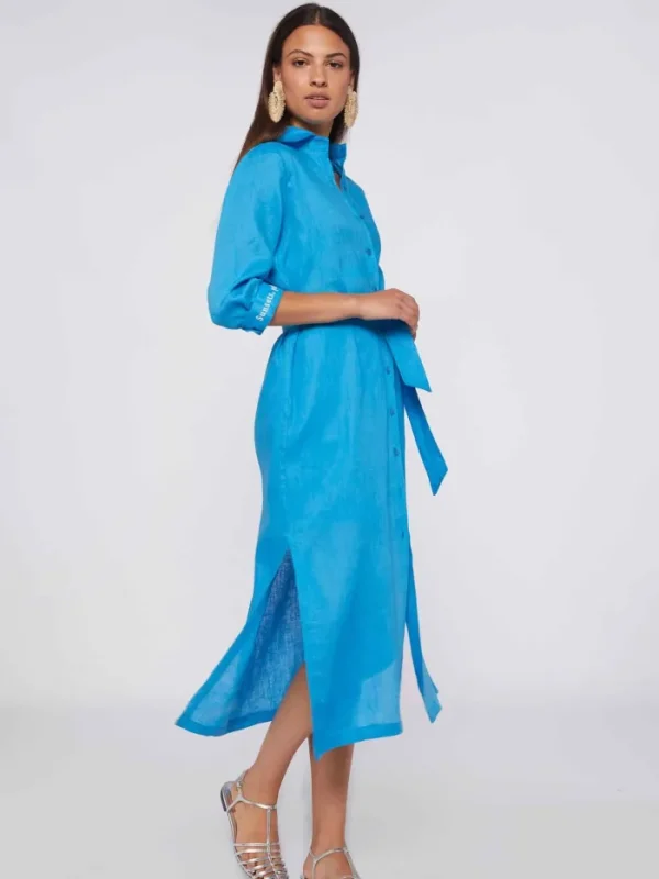 Lopezientos Vestido mujer midi camisero de lino ⋆ Azul Sale